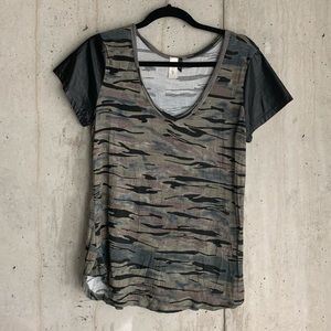 Camo V-Neck T-Shirt with Faux Leather Sleeves
